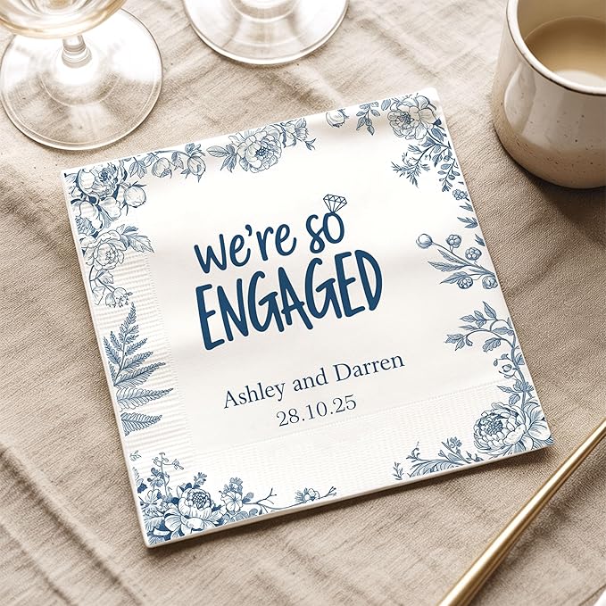 Luxury Personalized Engagement Napkins, We're Engaged, Custom Cocktail Napkins, Beverage Luncheon Cocktail Bar Napkin For Reception, Napkin Decor for Engagement Party, Bridal Shower
