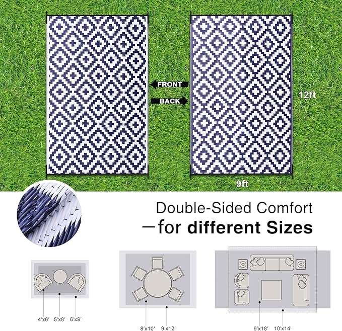 OLANLY Waterproof Outdoor Rug 9x12 ft, Outdoor Plastic Straw Rug for Camping, RV Mat Outside, Indoor Outdoor Carpet for Porch, Deck, Backyard, Balcony, Picnic, Navy & White