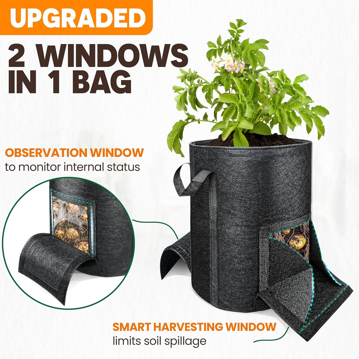 [Upgraded] 4Pcs 15 Gallon Potato Grow Bags with Unique Harvest Window & Visible Window, Non-Woven Planter Pot with Sturdy Handle, Potato Growing Container, Plant Garden Bags to Grow Vegetables, Tomato
