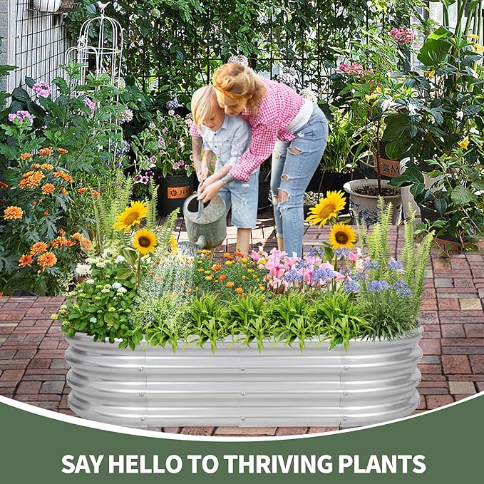 1MORE Galvanized Raised Garden Bed- Planter Garden Boxes Outdoor, Raised Beds for Gardening, 4x2x1ft Metal Garden Bed Kit for Vegetables Flower, Planter Raised Bed with Protective Tape & Tools.Silver