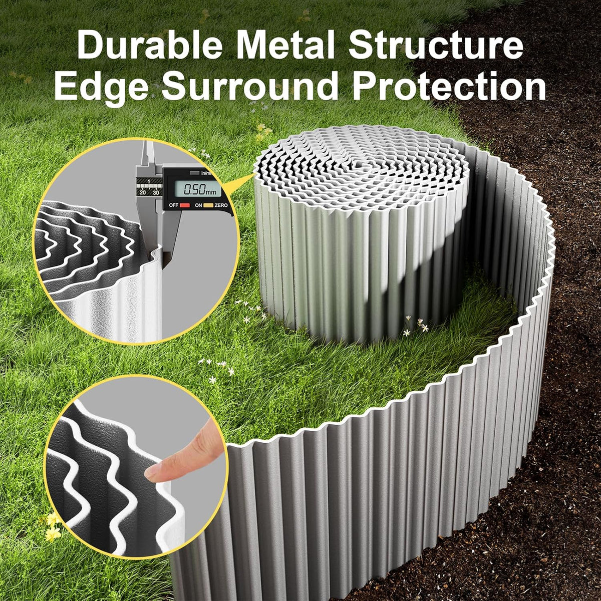 Land Guard Corrugated Garden Edging Border, 12" × 25' Landscape Paver Edging, Tall Landscape Edging, Fence for Garden, Flower Bed, Lawn and Landscape Edging (Silver)