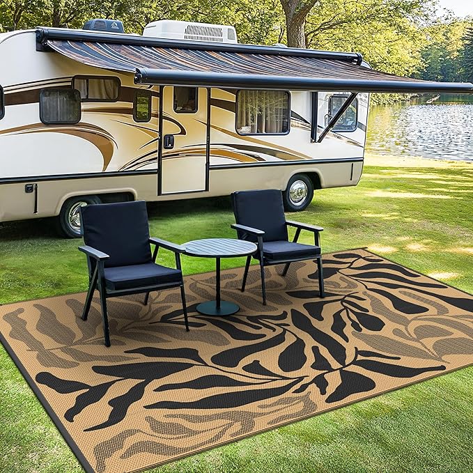 GENIMO Outdoor Rug 6' x 9' Waterproof for Patio Clearance, Reversible Plastic Straw Camping Carpet, Lightweight Mats for Rv, Backyard, Deck, Porch, Picnic, Beach, Balcony, Black & Brown