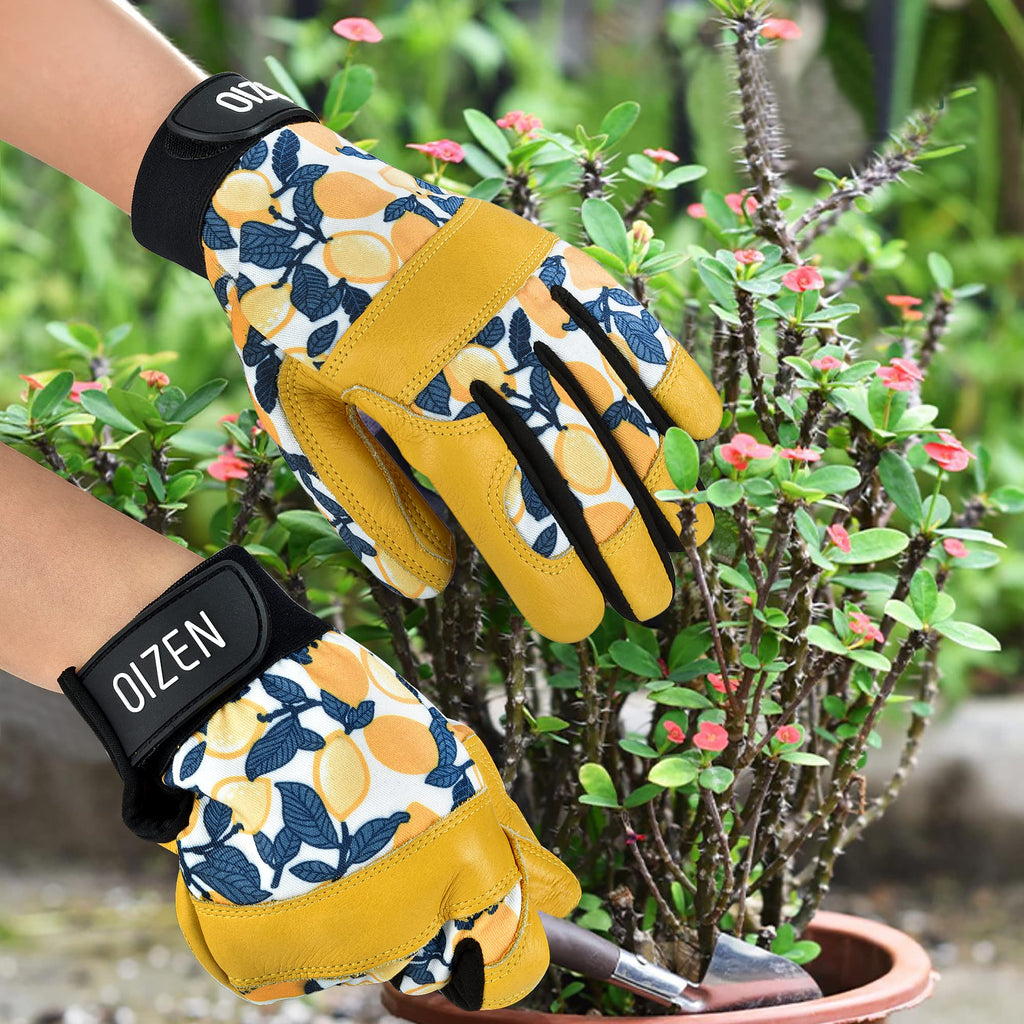 OIZEN Cowhide Leather Thorn Proof & Puncture Resistant Gardening Gloves for Women and Men, Touchscreen Compatible Working Gloves for Weeding, Digging, Planting, Gardening Gifts for Women, Size Medium