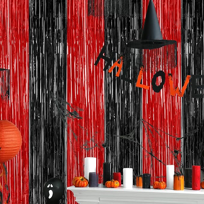 4 Pack Halloween Wall Backdrop, 3.28 FT x 7.05 FT Red and Black Party Streamer, Metallic Tinsel Curtains Fringe Backdrop Foil Streamer, Halloween Hanging Decor Casino Theme Party Decorations