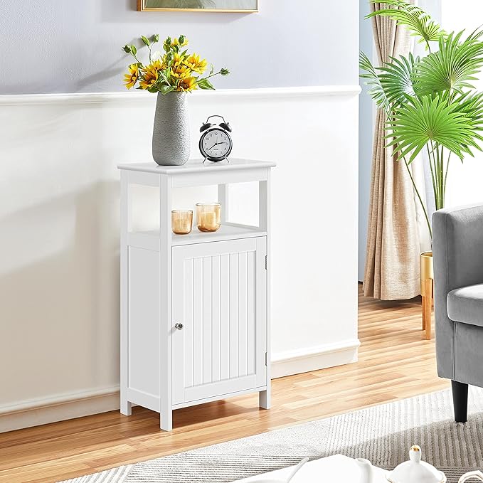 Yaheetech Single Door Floor Cabinet, Bathroom Free Standing Storage Organizer with Adjustable Shelf, Narrow Side Cabinet for Living Room, White
