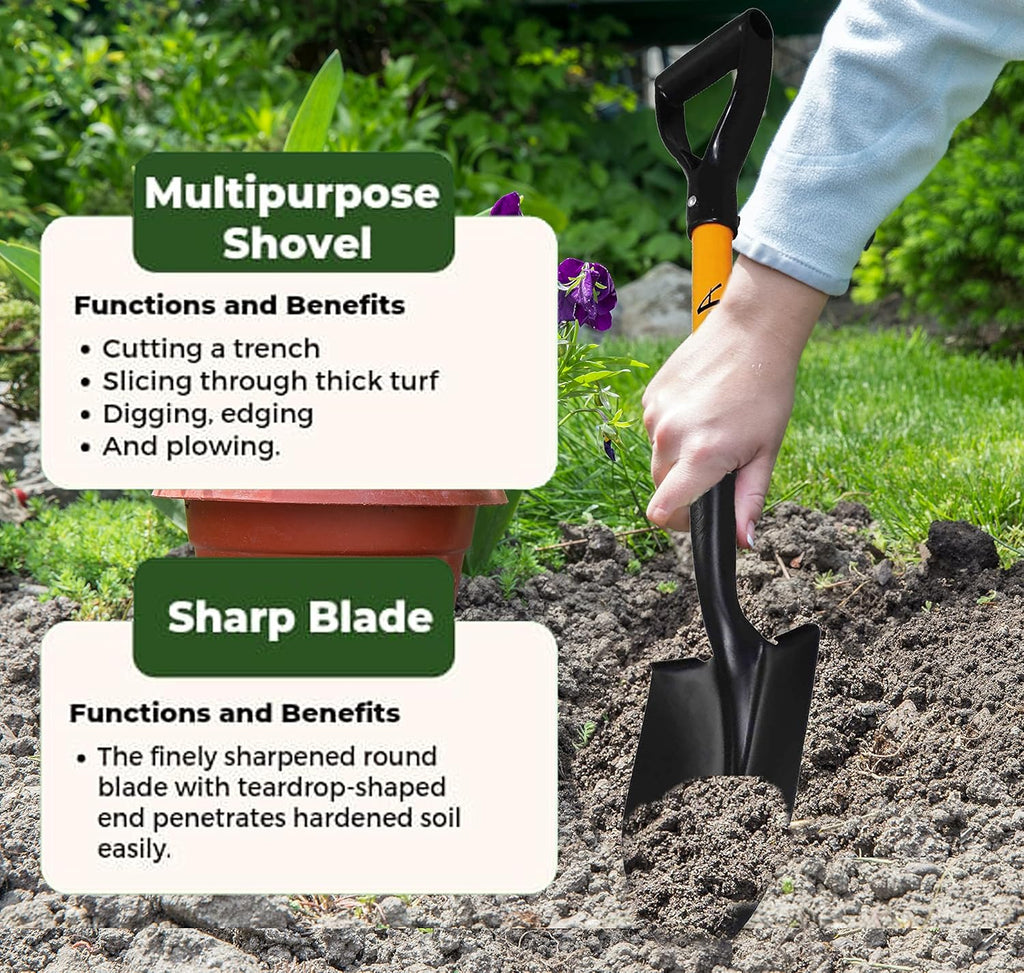 Ashman Short Handle Digging Shovel (1 Pack) - 27-inch Kids Beach & Garden Shovel with Sturdy Blade, D-Handle Gardening Tool
