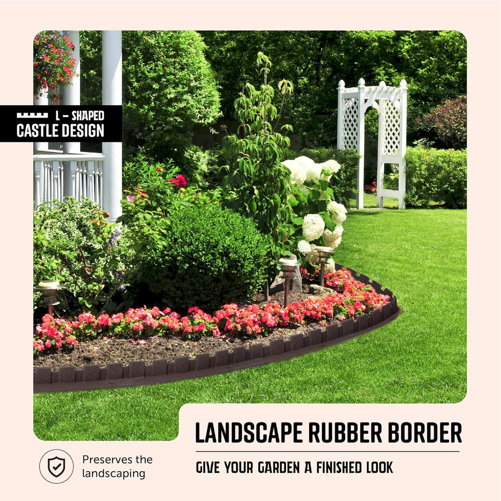 Playsafer L-Shaped Flexible Rubber Castle Edger for Lawns Landscaping and Playgrounds | Easy No Dig Installation (4 Pack, Brown)