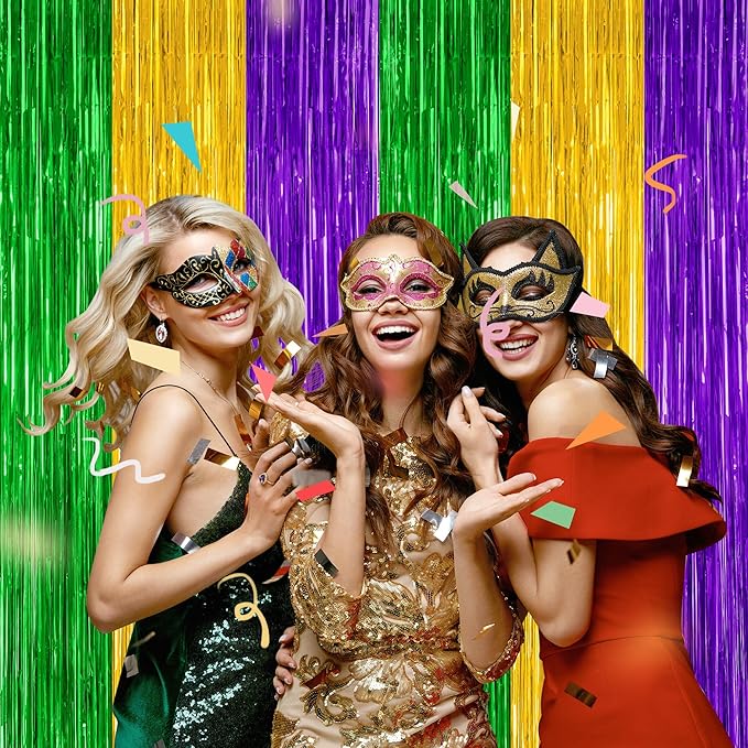 2 Pack Mardi Gras Tinsel Backdrop, 3.28 FT x 7.05 FT Metallic Fringe Curtain, Purple Gold Green Color Foil Backdrop Party Streamer, Mardi Gras Photo Booth Props Lobster Party Decorations
