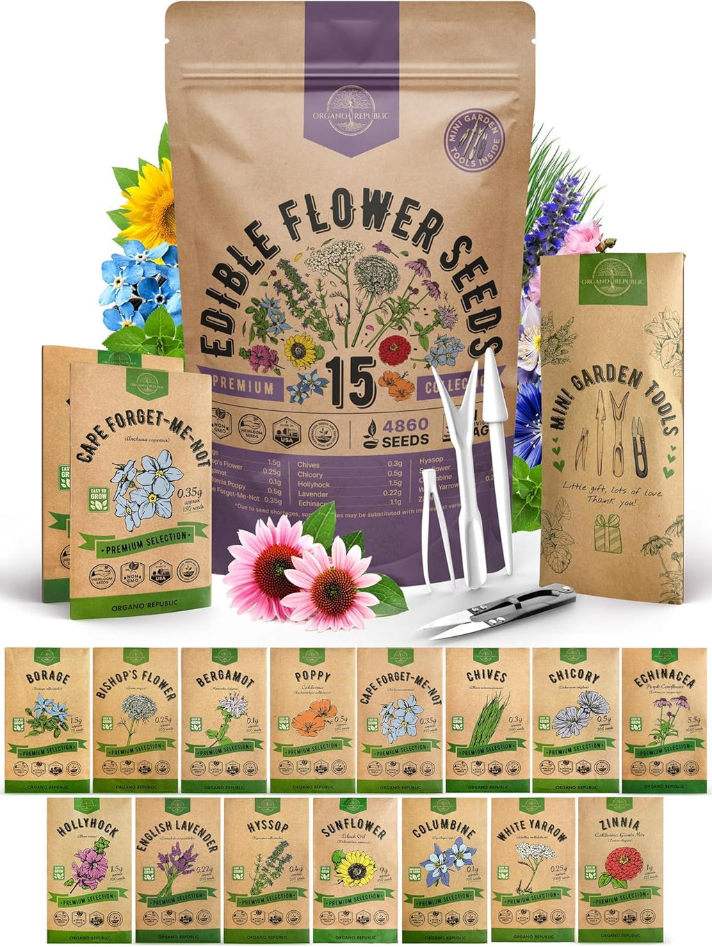 Organo Republic 15 Edible Flower Seeds Variety Pack- Indoor/Outdoor. 4800+ Non-GMO Heirloom Flower: Borage, Bishop's Flower, Chicory, Chives, Hyssop, Echinacea, Lavender Seeds & More