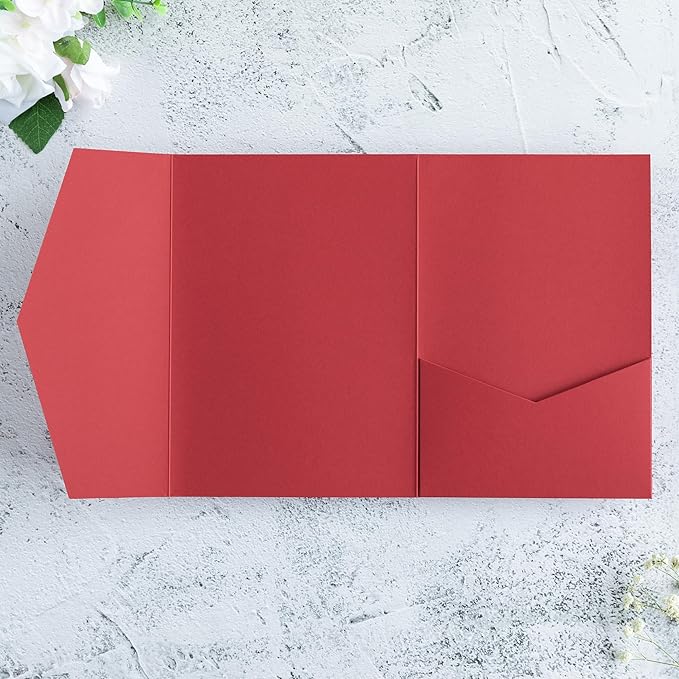 20 PCS Red Tri-fold Laser Cut Wedding Invitation Pockets for 5x7 Wedding Cards Bridal Shower Engagement Quinceanera Invitation