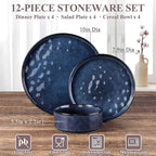 Herogo 12 Pieces Dinnerware Sets, Plates and Bowls Sets Service for 4, Modern Stoneware Dinning Dishes, Dishwasher & Microwave Safe, Starry Blue