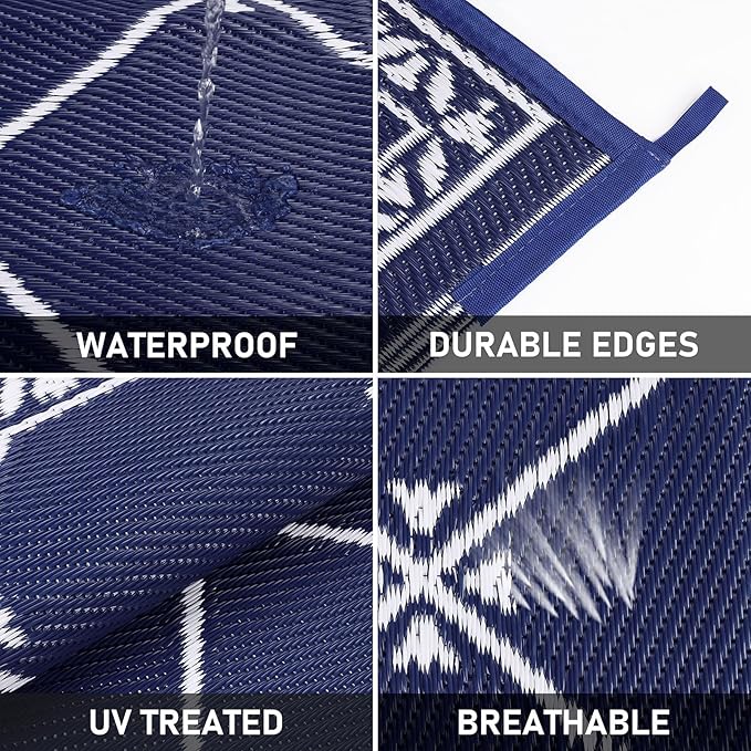 Outdoor Rug 8'x10' for Patios Waterproof Patio Rugs Outdoor Mats for Front Porch,Beach Mat,Reversible Plastic Straw Camping Rugs for Outside RV,Deck,Balcony,Backyard Navy Blue