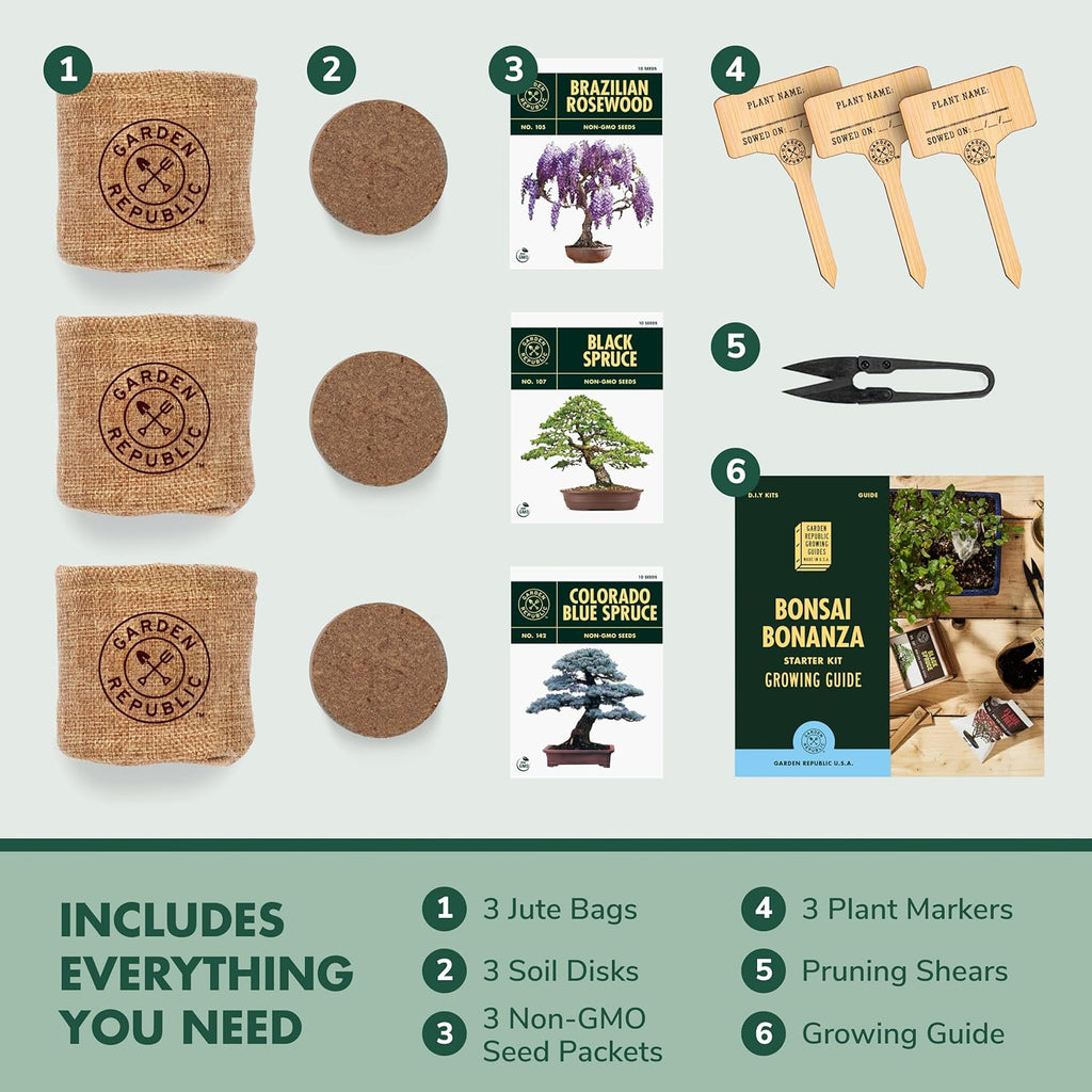 Garden Republic Bonsai Tree Kit - Grow 3 Mini Bonsai Trees, Indoor Plant Growing - Starter Kit with Seeds, Soil, Planters & Shears, Gardening Gifts for Women, Fathers Day Gardening Gifts