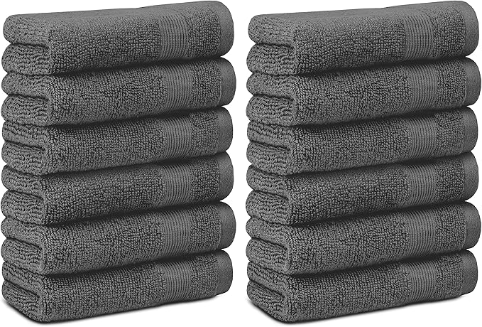 White Classic Resort Collection Soft Washcloth Face & Body Towel Set | 12x12 Luxury Hotel Plush & Absorbent Cotton Wash Clothes [12 Pack, Smoke Grey]