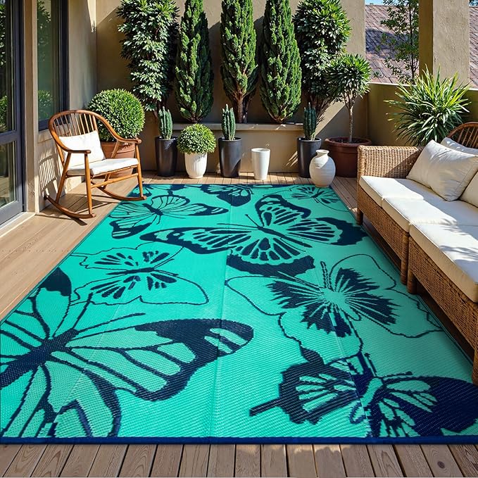 Beeiva Butterfly 6x9 Outdoor Rugs for Patios, Reversible Plastic Patio Rugs Outdoor Waterproof 6 x 9, Outdoor Rug Waterproof for Picnic Backyard Balcony Porch Beach Camping Deck - Teal