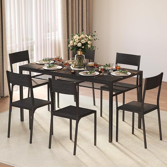 Gizoon Dining Table Set for 6 with Chairs, 7-Piece Kitchen Table Set for Small Space, Apartment, Kitchen, Dining Room, Space-Saving