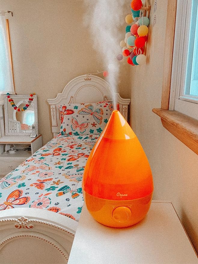 Crane Ultrasonic Cool Mist Humidifier for Bedroom, Baby Nursery, Kids Room, Plants, or Office, Large 1 Gallon Tank, Filter Optional, Orange