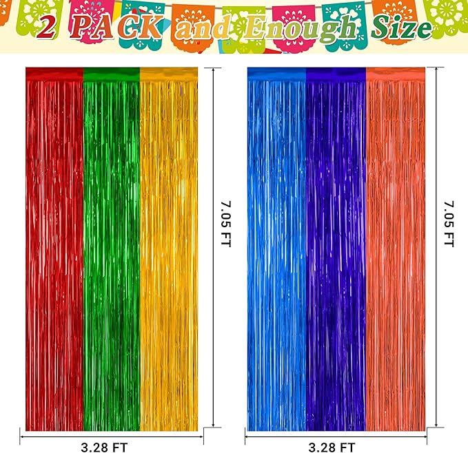 2 Pack Cinco De Mayo Decorations, 3.28 FT x 7.05 FT Fiesta Rainbow Backdrop, Mexican Style Fringe Curtains Tinsel Backdrop Party Streamer, Metallic Taco Party Decorations Mexican Decor