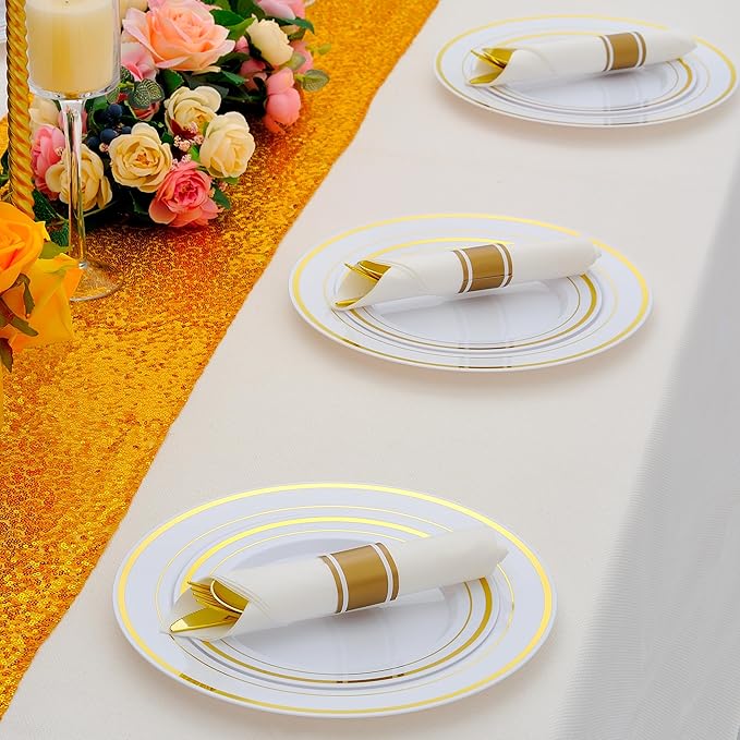 100 Pack Pre Rolled Gold Plastic Silverware Set with Napkins,Disposable Wrapped Heavy Duty Cutlery Set for Wedding Birthday Party-100 Forks,Knives,Spoons,Utensils Set,Plasticware Bulk