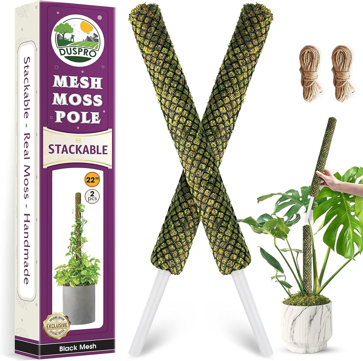 DUSPRO Stackable Mesh Moss Pole for Plants Monstera Potted Plant Stakes for Indoor Plants Extendable Plant Pole Moss Sticks for Plants Climbing Vine Supporting Monstera Trellis 2 Pcs 22''