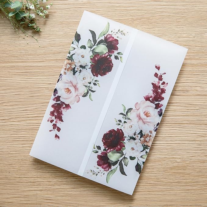 PONATIA 50 PCS Vellum Jackets for 5x7 Invitations- 135gsm Burgundy Floral Printed Vellum Sleeves, Quinceanera Wedding Invitation Cards Wraps