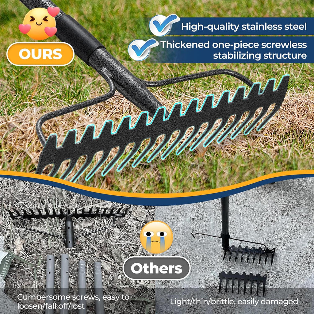 49“-77” Adjustable Rake, 17" Extra Wide Double-Sided Lightweight Head Garden Rake | Lightweight & Unbreakable | Level Soil, Remove Leaves, Spread Mulch Fast, Leaf Cleanup, Landscaping, Yard Cleanup