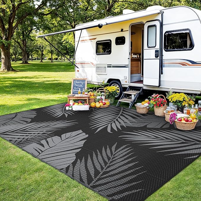 Outdoor Rug 9’x12’ Waterproof for Patio Clearance, Reversible Indoor Outdoor Plastic Straw Camping Rug Carpet, RV Mat, Large Area Rug for Deck, Backyard, Balcony, Porch, Beach, Black & Grey