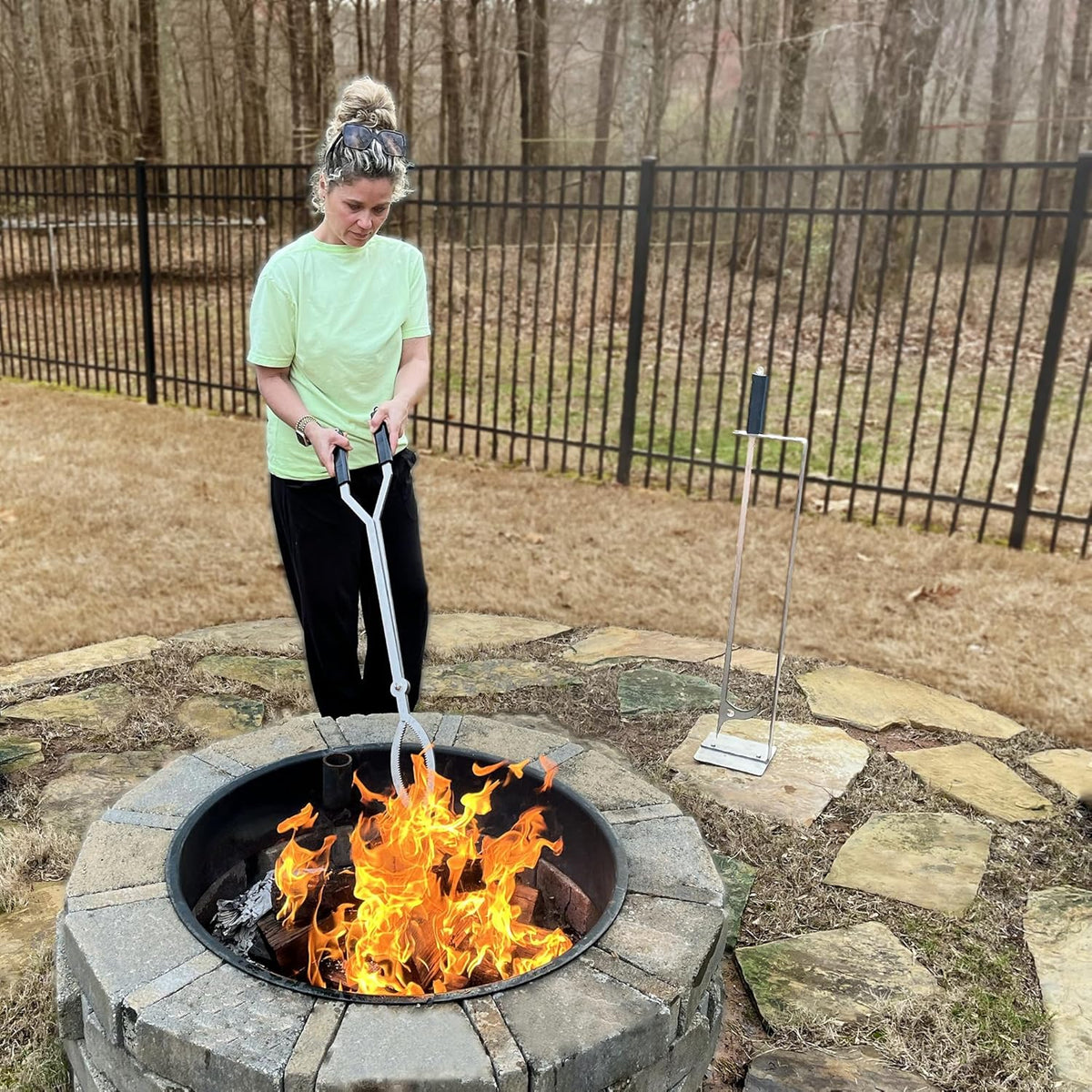 Stainless Steel Fire Pit Tools Set with 40" Fire Poker and Log Tongs, Fireplace Tools with Sturdy Stand Base, Firewood Log Grabber for Campfire Backyard Bonfire Wood Stove Indoor&Outdoor