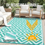 OLANLY Waterproof Outdoor Rug 9x12 ft, Outdoor Plastic Straw Rug for Camping, RV Mat Outside, Outdoor Carpet for Porch, Deck, Backyard, Balcony, Picnic, Turquoise & White