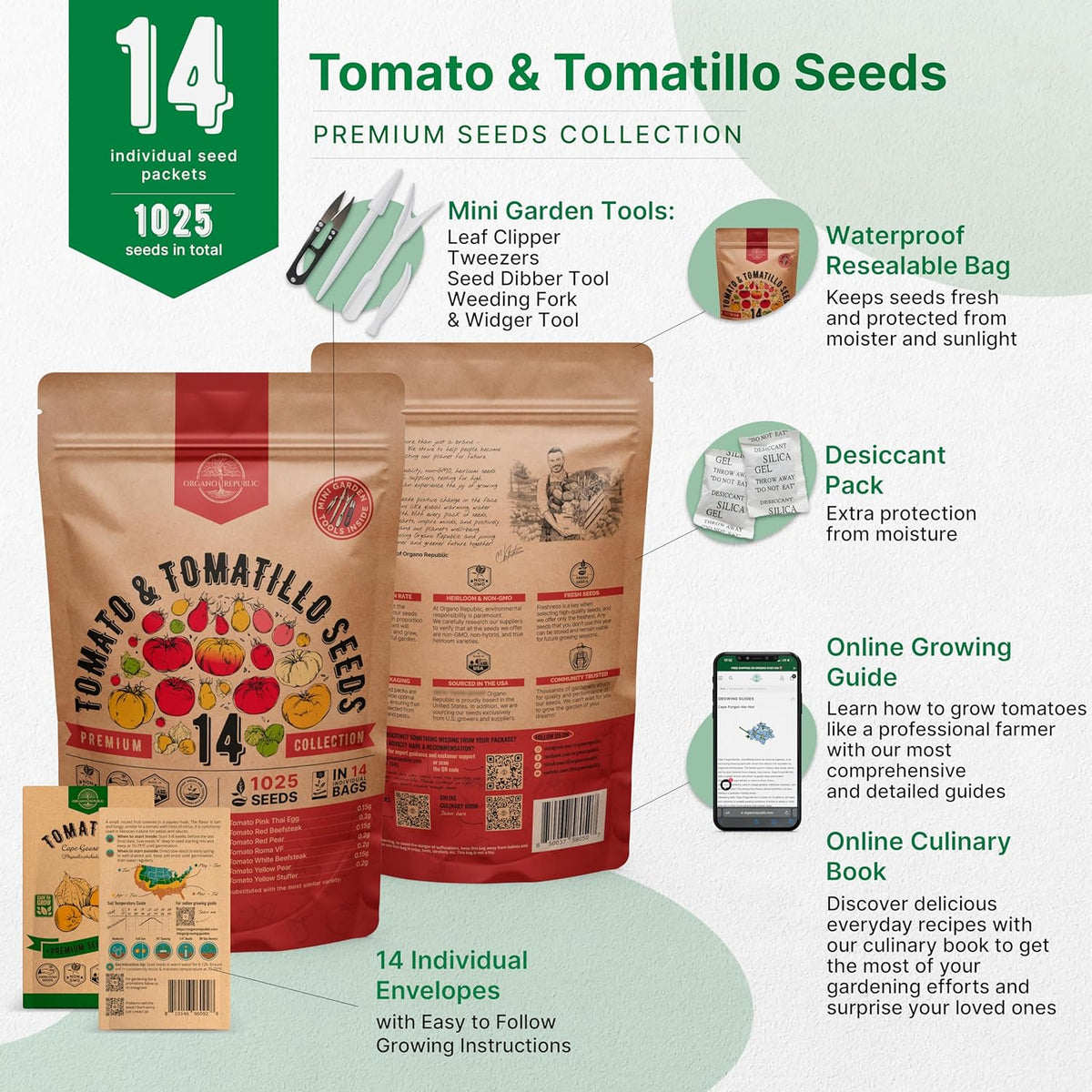 Organo Republic 14 Rare Tomato & Tomatillo Garden Seeds Variety Pack - 1,020+ Non-GMO Heirloom Tomato & Tomatillo Seeds for Outdoors & Indoor Home Gardening