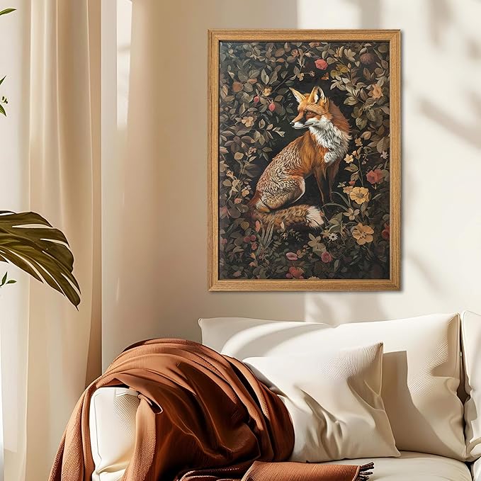 Framed 3D Textured Vintage Wall Art - Dark Academia Decor Hand Drawn Sandstone Fox Paintings with Botanical Florals, Aesthetic Wall Decor for Living Room Bedroom Home 24x36 inch