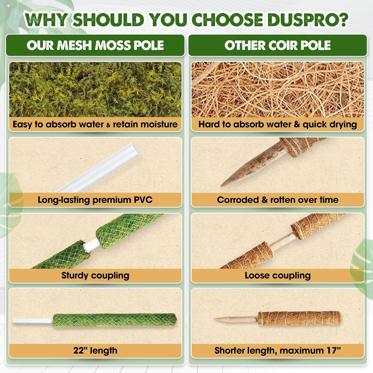 Duspro Green Stackable Mesh Moss Pole for Climbing Vines, Supporting Monstera Trellis, Extendable Plant Pole Moss Sticks, Potted Plant Stakes (4 Pack, 71'')