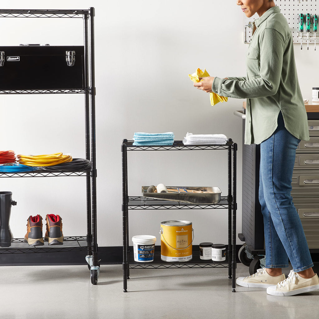 Amazon Basics 3-Shelf Adjustable Heavy Duty Steel Wire Rack Storage Shelving Organizer with Storage Space, Versatility and Ease of Use for Kitchen, Garage, 23.2" L x 13.4" W x 30" H, Black