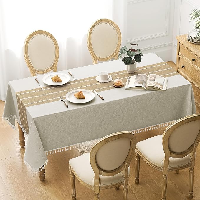 puredown® Rustic Square Tablecloth, Waterproof Cotton Linen Tablecloth with Tassel, Wrinkle Free Farmhouse Table Cloths for Kitchen Dining Outdoor, 55"x55",4 Seats, Coffee
