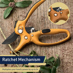 Kings County Tools Ratcheting Hand Pruner | Extra Cutting Strength | Adjust Grip to Activate Ratchet Mechanism | Cast Aluminum with Rubber Grip on Handle | Carbon Steel Blade