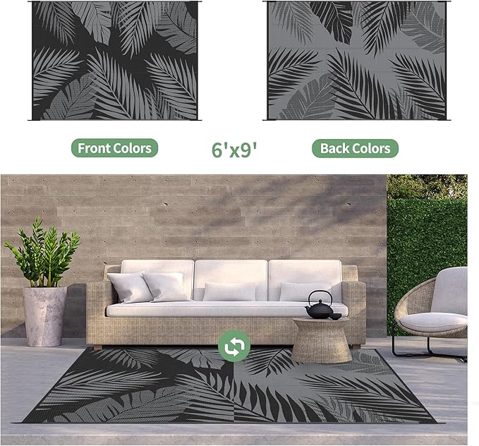 GENIMO Outdoor Rug 6' x 9' Waterproof for Patios Clearance, Reversible Outdoor Plastic Straw Camping Rug Carpet, Large Area Rugs Mats for RV, Camper, Deck, Balcony, Porch, Beach, Picnic, Black&Grey