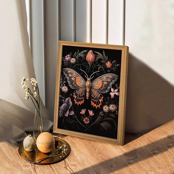Framed Vintage 3D Textured Wall Art - Gothic Butterfly Wall Decor - Hand Drawn Sandstone Nature Botanical Pictures for Living Room Bedroom Home Decor 8x10in