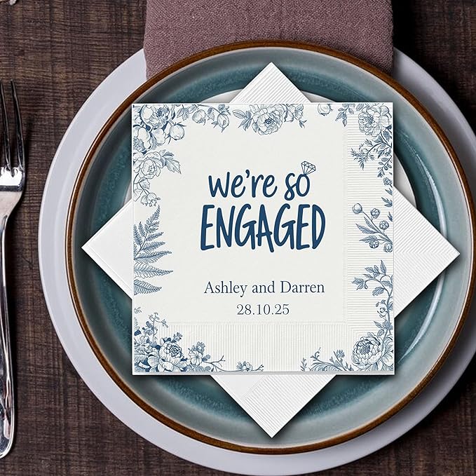 Luxury Personalized Engagement Napkins, We're Engaged, Custom Cocktail Napkins, Beverage Luncheon Cocktail Bar Napkin For Reception, Napkin Decor for Engagement Party, Bridal Shower