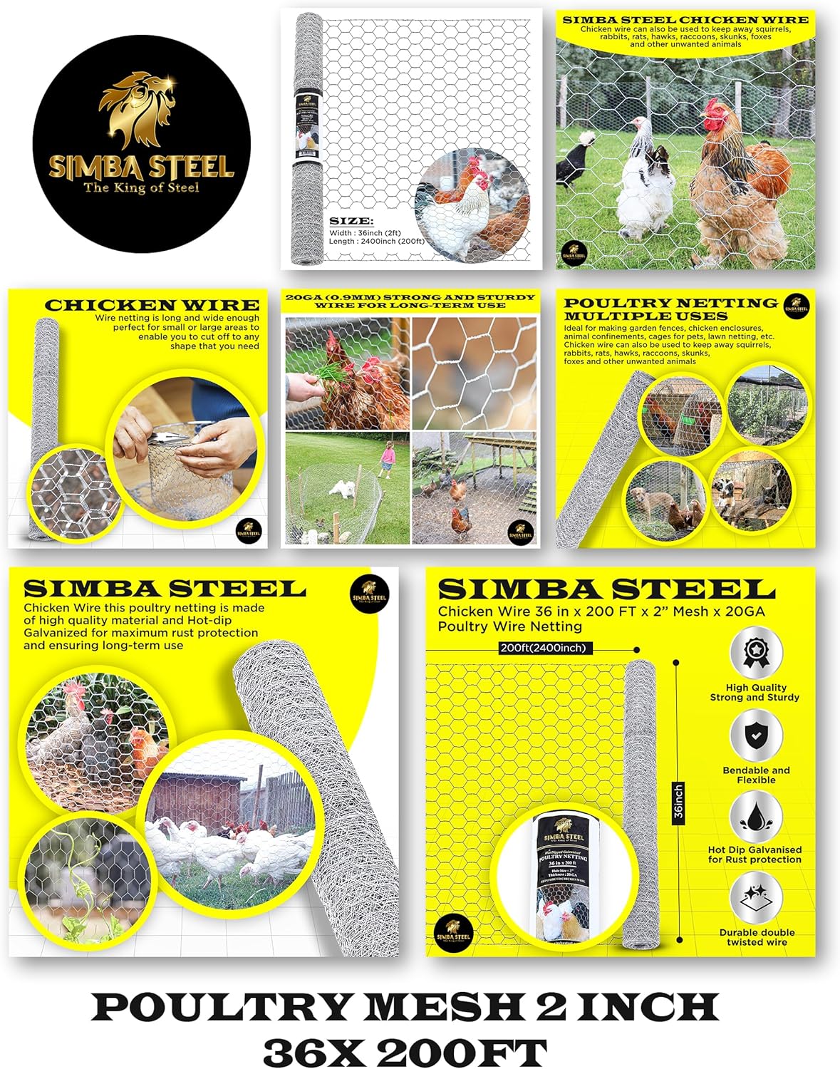 Chicken Wire 36 in x 200 FT x 2” Mesh x 20GA | Poultry Wire Netting | Hot Dipped Galvanized | Chicken Coop, Rabbit Cage, Fence Barrier (36 x 200 x 2)