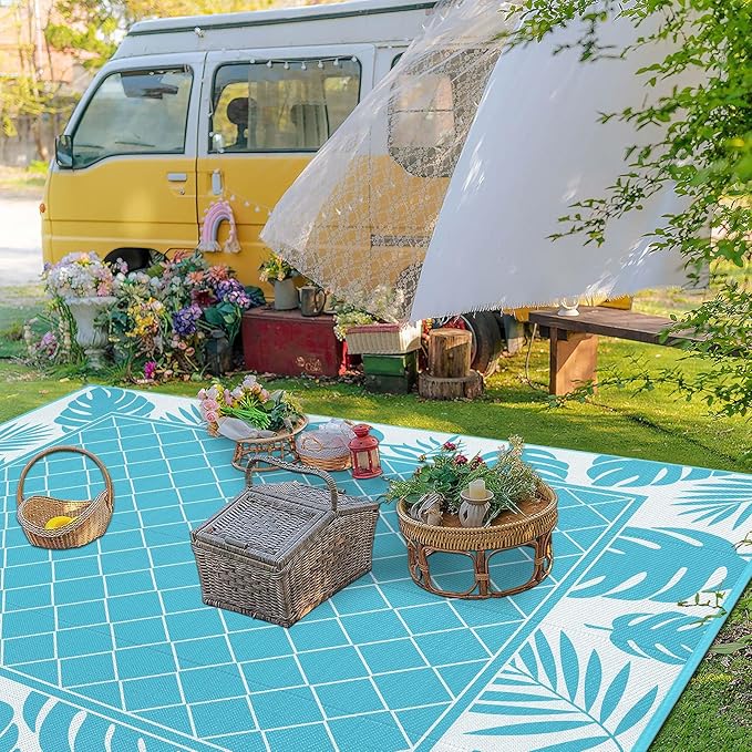 Ileading Outdoor Rug Carpet for Patio 8' x10' Waterproof Reversible Plastic Straw Rug Portable Outside Area Rug Camping Mat for Patio, Clearance, Balcony, Picnic, Pool, Beach, RV, Deck, Teal