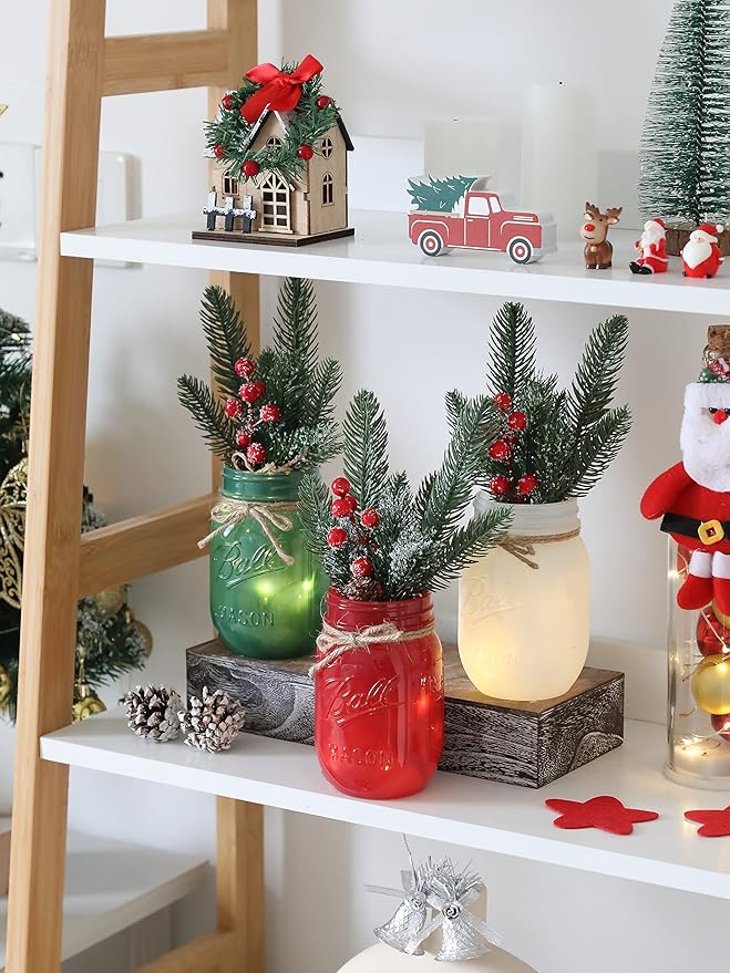 Christmas Mason Jars, Christmas Centerpiece Table Settings, Wood Tray with 3 Painted Jars, Dining Coffee Table Centerpiece, For Kitchen, Living Room, Colorful Mason Jar Decor with Flowers