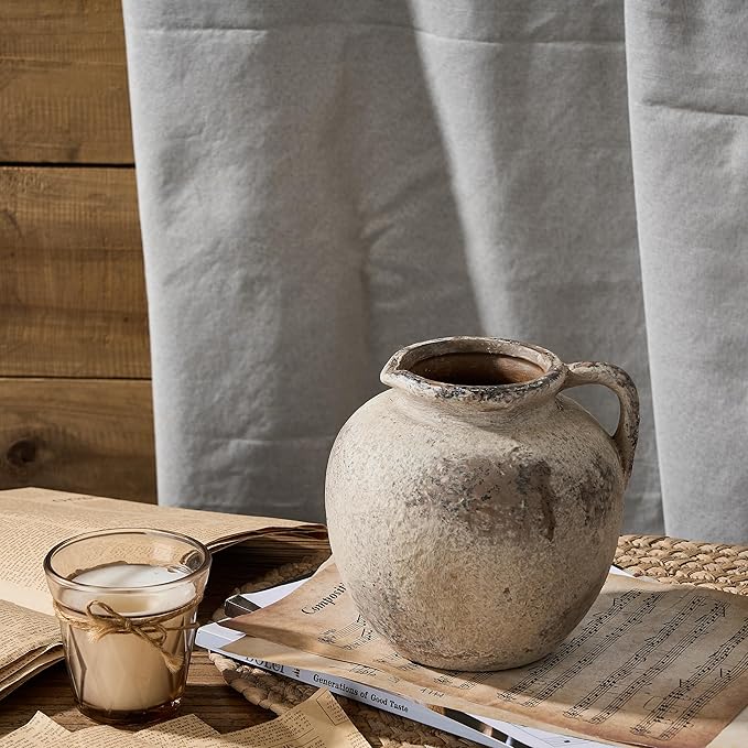 Antique Terracotta Vase with Handle, 5.6 Inch Farmhouse Ceramic Vase Boho Decor Decorative Vase, Rustic Vase for Home Decor, Living Room, Table, Wedding - Distressed Design, Gray