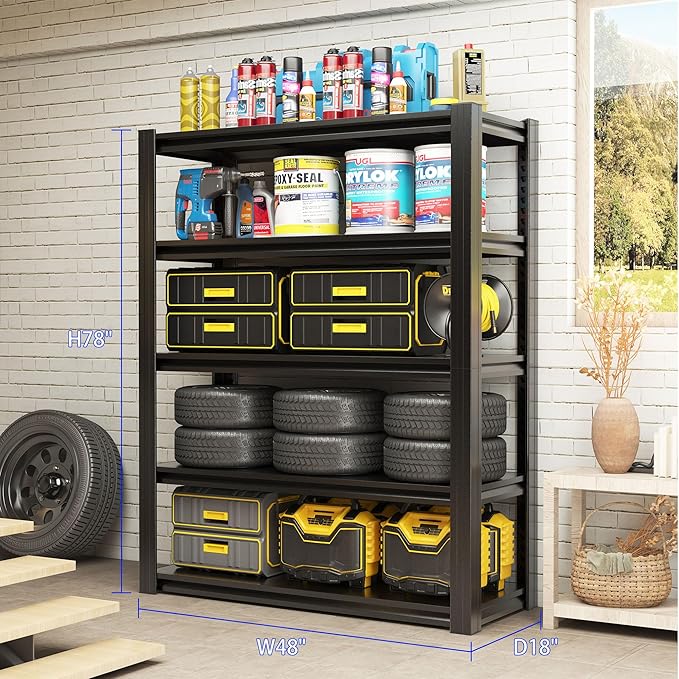 78" H Metal Storage Shelving, 3000LBS Heavy Duty Shelves Unit, Adjustable 5 Tier Storage Rack, Industrial Utility Shelf for Garage, Warehouse, Bedroom, Kitchen,18" D×47.5“W×78”H, Black