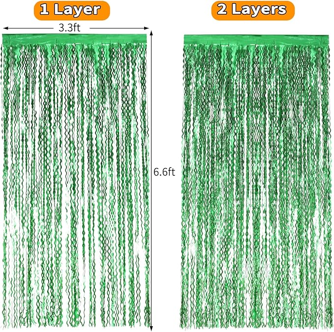 4Pcs Wavy Green Fringe Backdrop -3.3x6.6ft Green Streamer Foil Curtains for Jungle Party Decorations | St Patricks Day Decorations | Football Decorations | Xmas