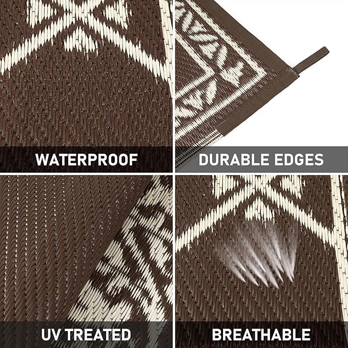 HiiARug 8x10 Outdoor Rug Outdoor Patio Rug, Reversible Waterproof Plastic Straw Rug Large Outdoor Rugs (8x10Ft, Brown)