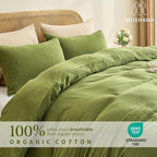 MEISHANG Muslin Duvet Cover Queen Size - 100% Organic Cotton, Soft Textured Gauze Weave Comforter Cover for Breathable All-Season with Zipper Closure - 3 Piece Set (Queen, Forest Green)