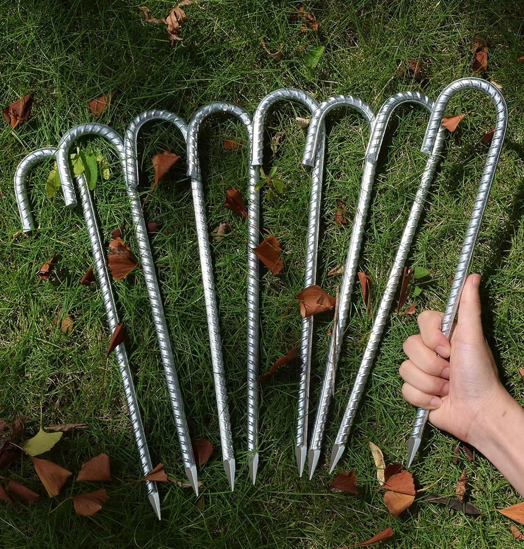 AAGUT 12 Inch Rebar Stakes J Hook 16 Pcs 3/8" Chain Link Fence Stakes Heavy Duty Galvanized Steel Tent Stakes Ground Anchors for Hard Firm Soil, Silver