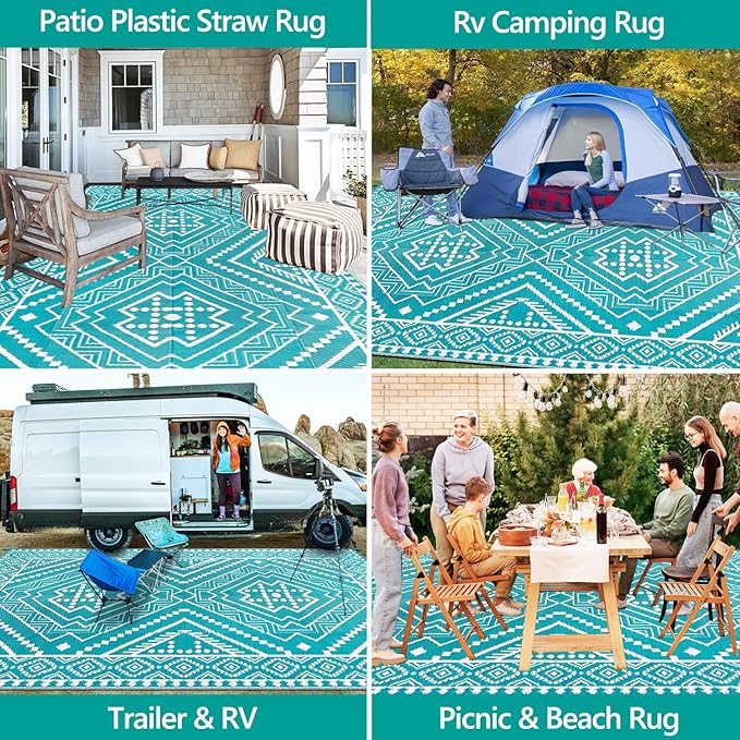 Waterproof Outdoor Rug 9x12 ft, Reversible Plastic Straw Mat, Large Floor Mat for Patio, Camping, Picnic, Backyard RV, Deck, Teal