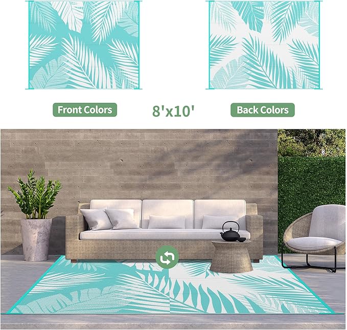 GENIMO Outdoor Rug 8' x 10' Waterproof for Patios Clearance, Reversible Outdoor Plastic Straw Camping Rug Carpet, Large Area Rugs Mats for RV, Camper, Deck, Balcony, Porch, Beach, Aqua Blue&White