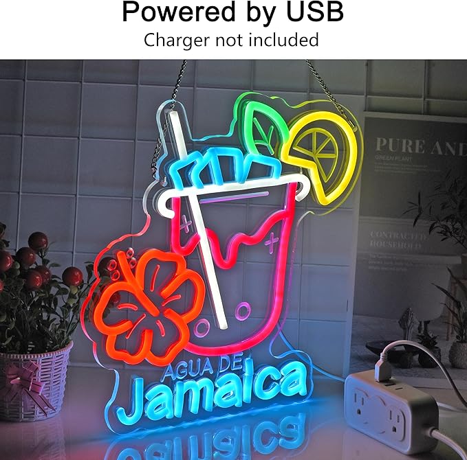 CNBEYOUNG Agua De Jamaica Neon Sign, Neon Lights Hanging Wall Art Decoration for Mexican Restaurants Shop Bar Kitchen Party Home Decor, USB - Driven, Super Bright & Adjustable,12.6 * 12.7inches